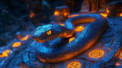Obraz premium A mystical blue snake coils around ancient ruins, illuminated by fiery orbs, creating an enchanting and mysterious atmosphere.
