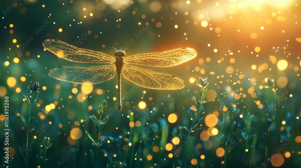 Poster a shimmering dragonfly hovers in a sunlit field, surrounded by sparkling bokeh effects, creating a m