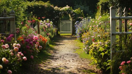 Obraz premium Sunlit garden path leading to white gate.