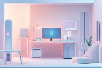 Modern Minimalist Workspace Design Featuring Sleek Furniture and Warm Lighting in a Contemporary Setting