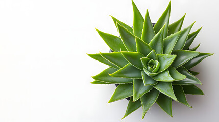 Top view of a succulent plant in a pot on white background.