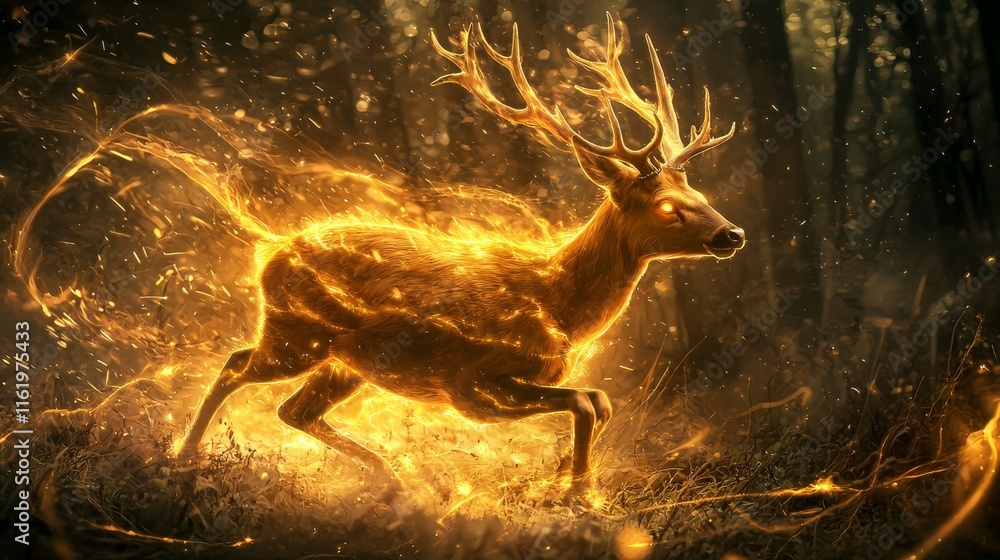 Poster a glowing deer runs through a mystical forest, surrounded by shimmering lights, creating an ethereal