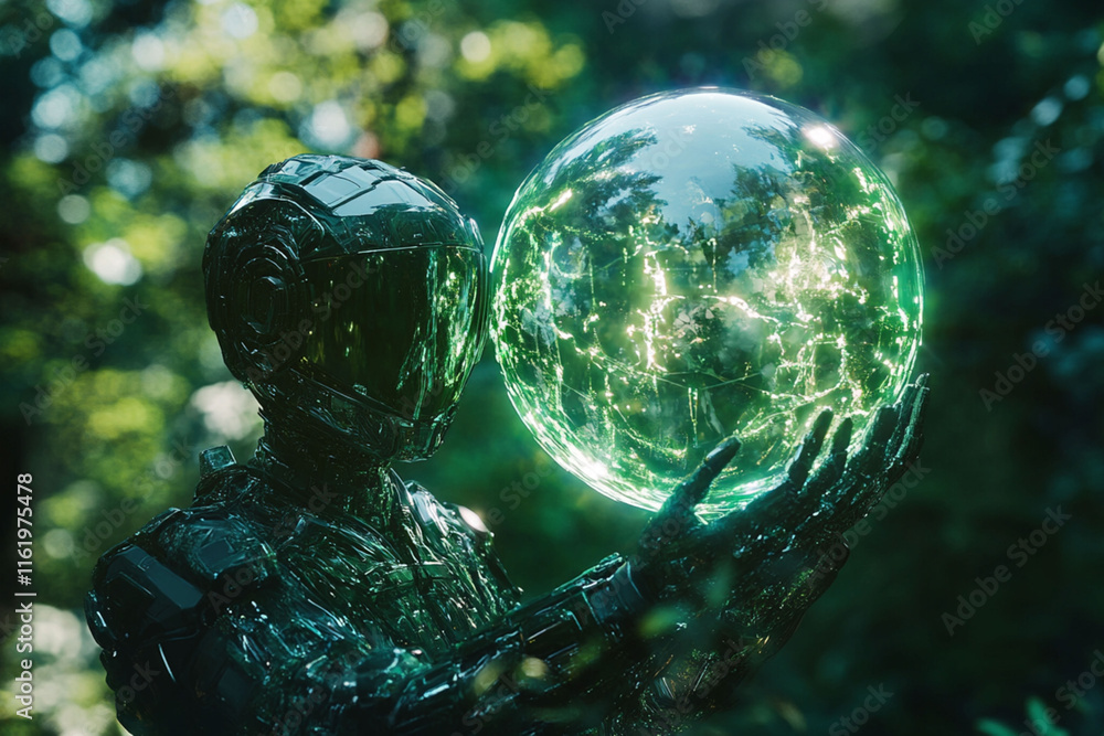 Aufkleber robot interacts with glowing orb in lush forest setting during twilight hours