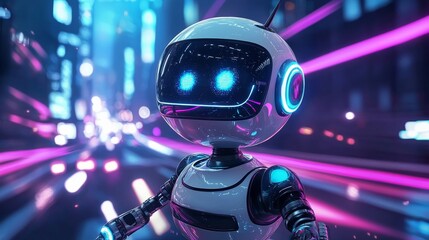 A futuristic robot with glowing eyes stands in a vibrant city, surrounded by dynamic neon lights and a sense of motion.