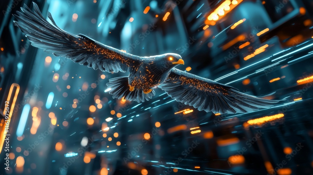Aufkleber a futuristic hawk soars through a digital landscape, illuminated by glowing lights and dynamic patte
