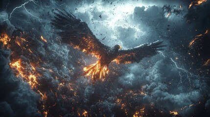Fototapeta premium A mythical bird emerges from fiery clouds, surrounded by lightning and chaos, symbolizing rebirth and transformation.