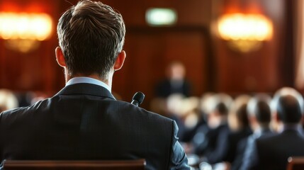 Fototapeta premium A professional setting where a suited individual observes a discussion or presentation, emphasizing leadership and attentiveness in a formal atmosphere.