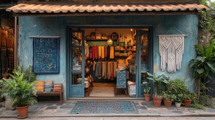 Fototapeta premium Colorful shop front with textiles, plants, and open doors.