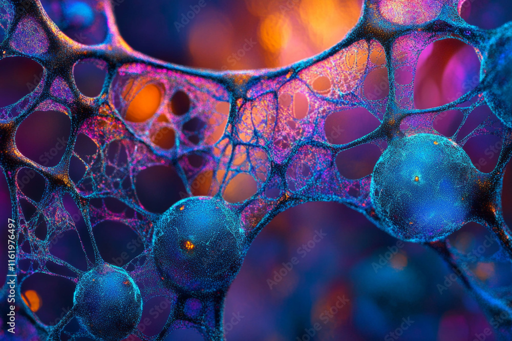 Poster colorful abstract close-up of complex cellular structures illuminated by vibrant light sources