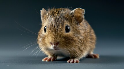 A small brown and white hamster is standing on a grey surface