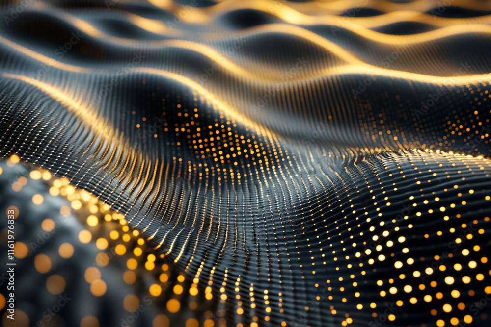 Poster digital landscape showing flowing waves of light and texture in an abstract representation of data v