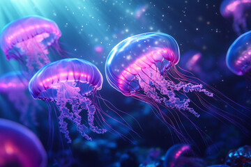 Naklejka premium Colorful Jellyfish Gracefully Swimming in a Vibrant Underwater Scene