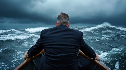 A man in a suit is in a boat in the middle of a stormy sea