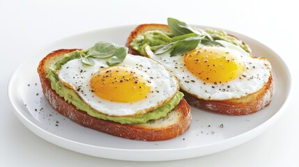 Toast topped with avocado spread and fried eggs, garnished with black pepper, on a white plate, creating a simple and delicious breakfast idea.