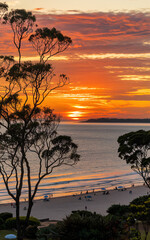 Obraz premium Landscape Australia Ocean Beach Sunset Beach Scene Postcard AI Hand Drawn Art - Social Media. Blank template. Design illustration. Space for copy.