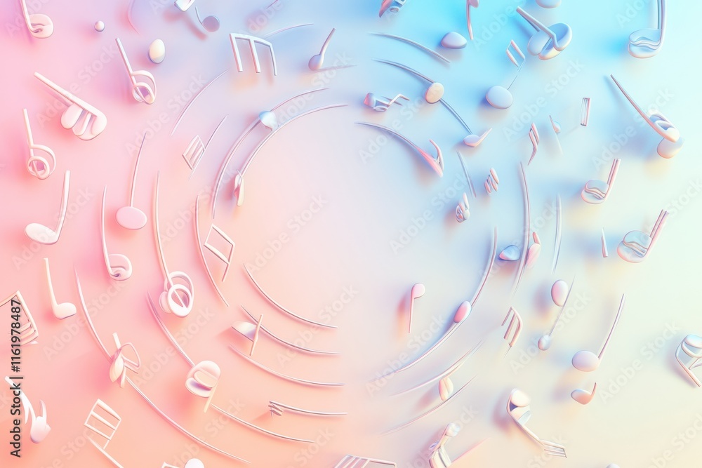 Poster colorful 3d music notes swirling in a dynamic pattern against a pastel background. generative ai