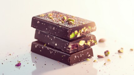 Obraz premium Dubai Chocolate Kunafa Pistachio on white background,Dubai Chocolate bar with green kadayif and pistachio spread,popular and viral chocolate 2024,space for text.