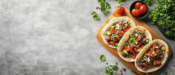 yro pita bread with meat, vegetables, and white sauce on a wooden board over a grey concrete background
