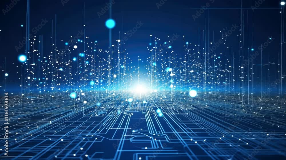 Poster vibrant abstract digital network glowing blue lights and futuristic circuit patterns illuminate tech