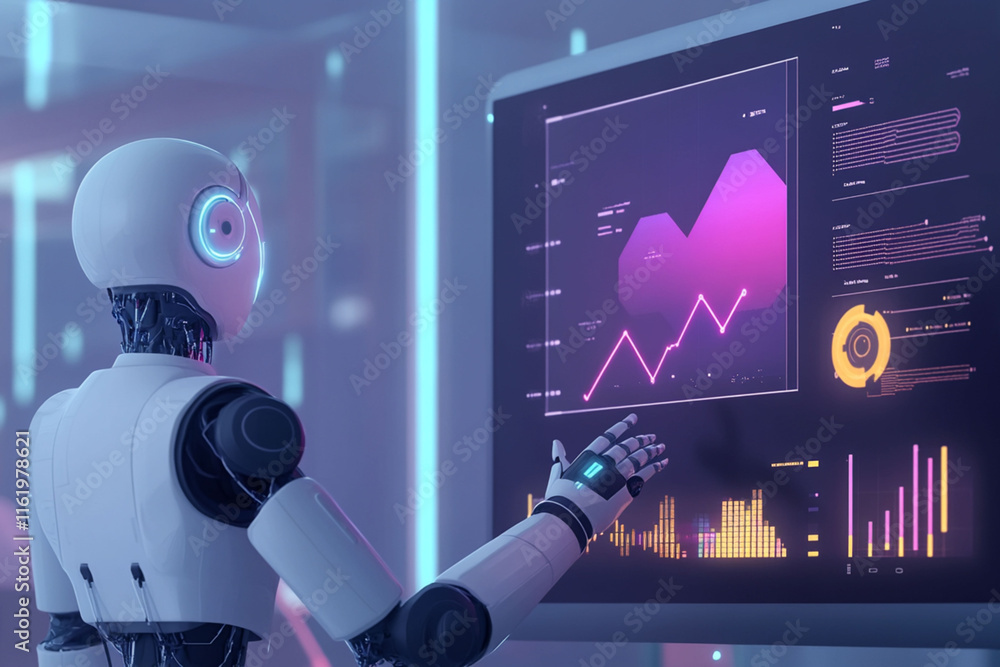 Poster robot analyzes data trends on a digital screen in a futuristic environment filled with neon lights