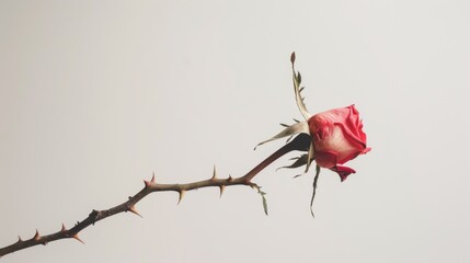 Single wilting pink rose with thorns on stem.