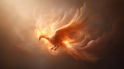 Fototapeta premium holographic phoenix rising from glowing clouds, symbolizing rebirth and transformation. Its fiery wings and ethereal glow create captivating and mystical atmosphere