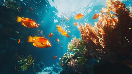 Fototapeta premium Vibrant Orange Fish Swim Among Lush Coral Reefs