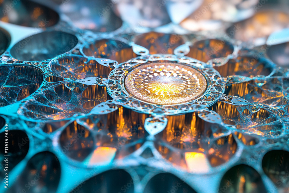 Poster intricate close-up of a colorful, patterned surface with symmetrical designs showcasing vivid reflec