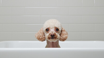 Pet grooming comfort cleaning concept. Grooming experience for poodle in bathtub, showcasing its fluffy fur and expressive eyes