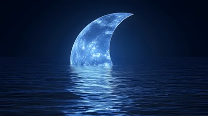 Crescent moon over calm blue ocean at night.
