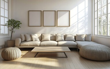 Sunlit minimalist living room with beige sectional sofa, wooden coffee table, and three empty frames.