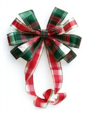 Festive plaid Christmas gift bow with red and green colors on plain background for mock up design purposes. Generative AI