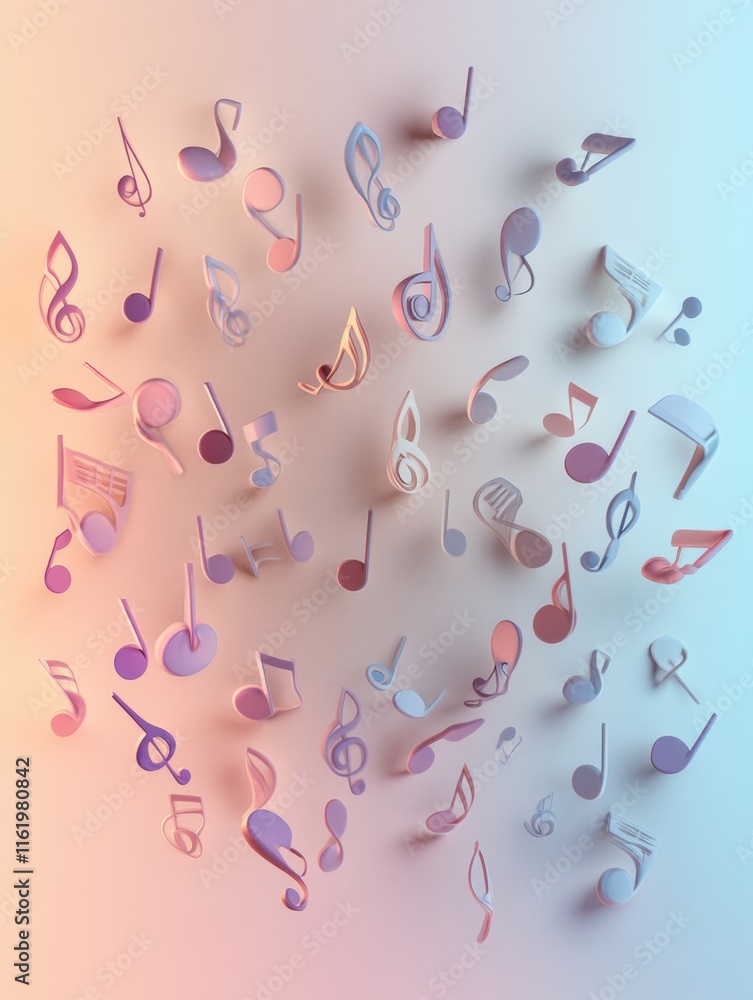 Poster colorful 3d music notes floating in a soft gradient background creating a vibrant atmosphere. genera