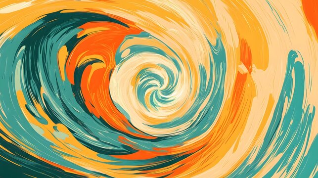 A dynamic swirl of contrasting bright hues of orange and turquoise forming a chaotic display