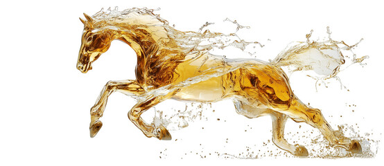 a liquid oil splashes in the shape of a horse isolated on a transparent background 