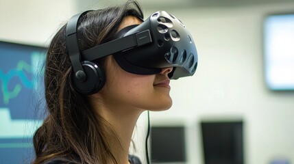 Naklejka premium A woman wearing a virtual reality headset and headphones, engaged in an immersive digital experience, showcasing modern technology in a tech-savvy environment.
