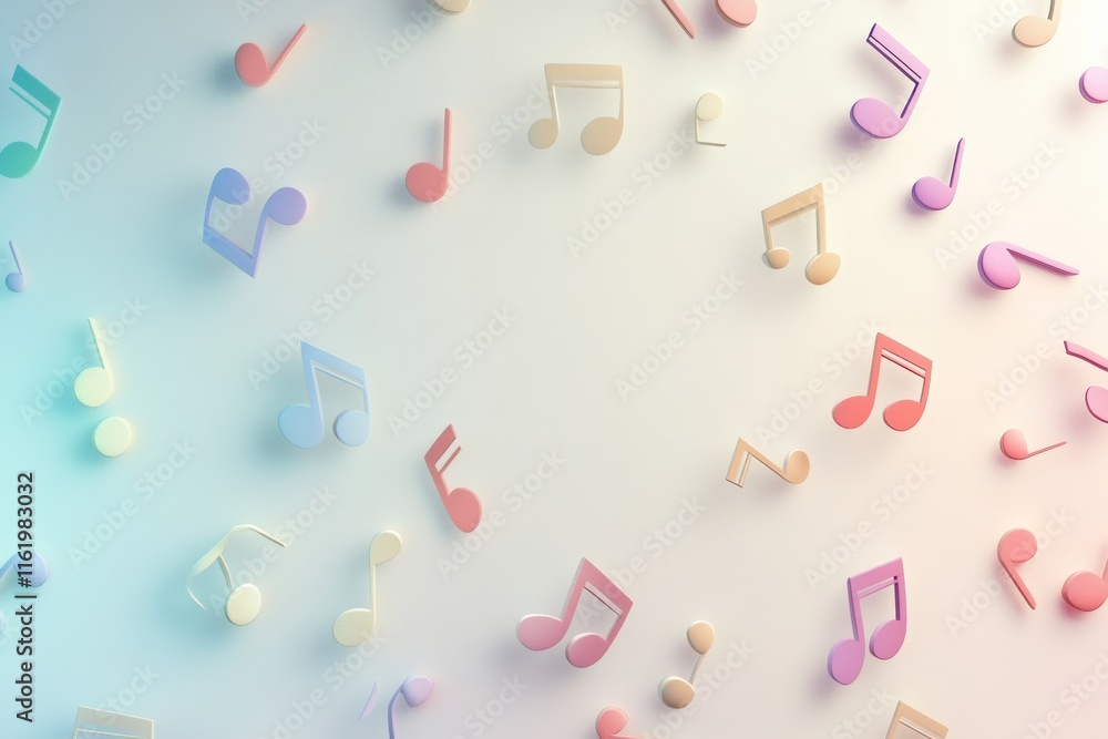 Poster colorful 3d music notes scattered across a smooth surface creating a vibrant musical ambiance. gener