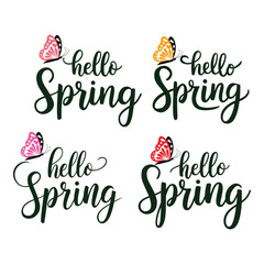 Collection of Hello Spring inscriptions. Handwriting text banner concept Hello Spring. Hand Drawn vector art.