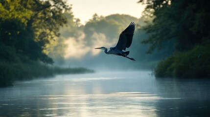 Fototapeta premium Grey heron in flight over misty river at sunrise.