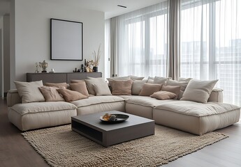 Modern living room with large sectional sofa, coffee table, and neutral decor.
