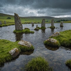 A mystical Irish lake surrounded by ancient standing stones and rolling green hills.