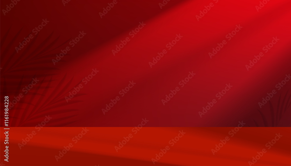 Fototapete red background wall kitchen with palm leaves shadow,light from window effect on empty floor for chin