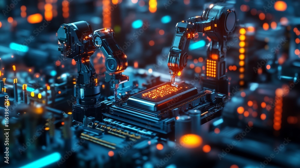 Poster detailed robotic assembly line with advanced technology in action
