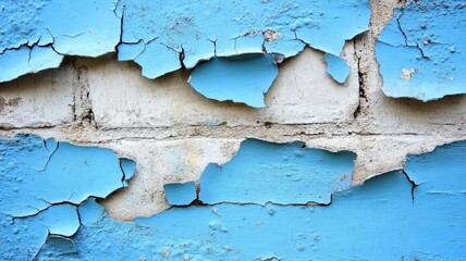 Obraz premium Blue paint peels from weathered brick wall