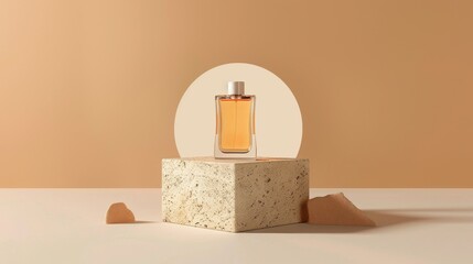 Amber perfume bottle on beige stone podium.