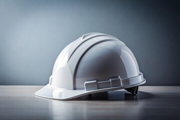 A white hard hat is sitting on a table