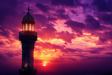 A breathtaking Ramadan-themed minaret silhouetted against a purple and gold sunset, with ornate lanterns glowing and Arabic calligraphy softly lit 

