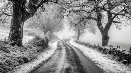 Snow covered road winding through frosty trees