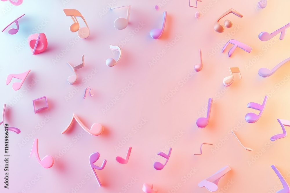 Poster Colorful 3D music notes scattered on a soft gradient background create a lively atmosphere for creativity. Generative AI