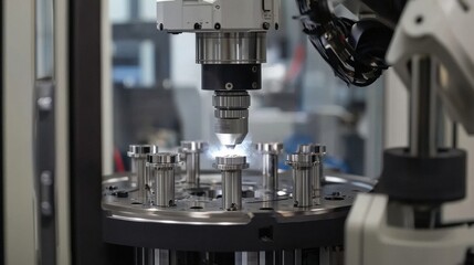 A robotic arm is positioned above a rotating platform with metallic components, suggesting a high-tech manufacturing or assembly process.